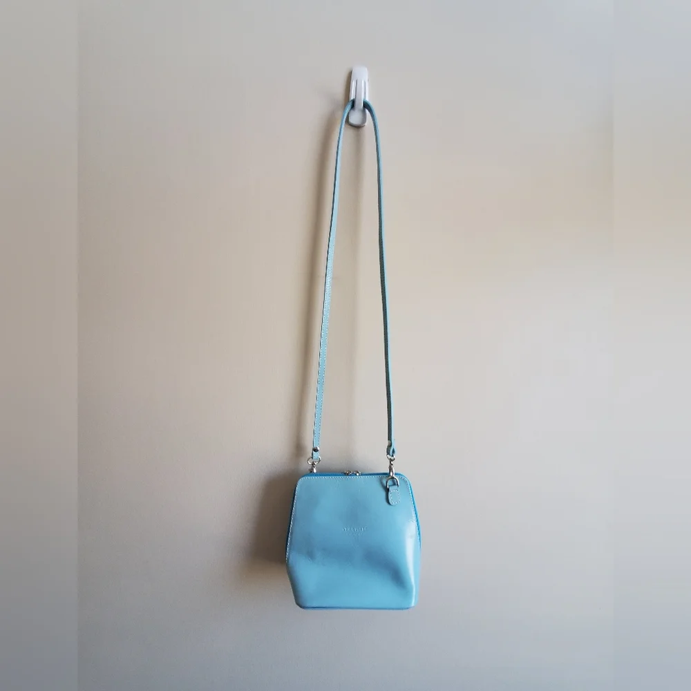 Primo Sacchi Italian Leather, Small Micro Double Zip Up Crossbody bag, baby blue - Picture 3 of 7